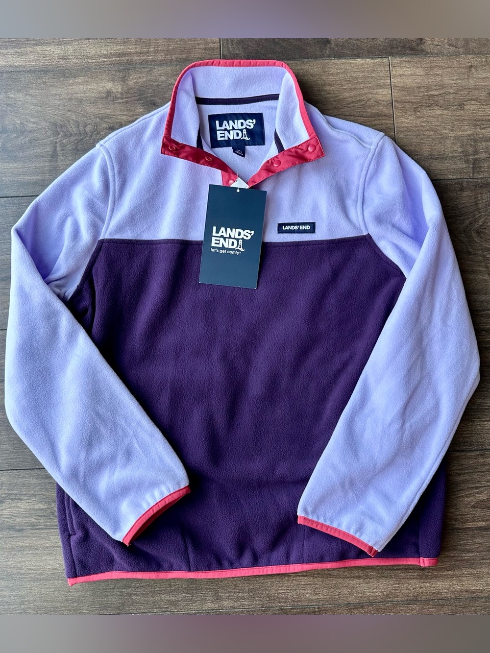 Lands End NWT Womens M 10-12 Heritage Fleece Pullover - Colorblock Purple